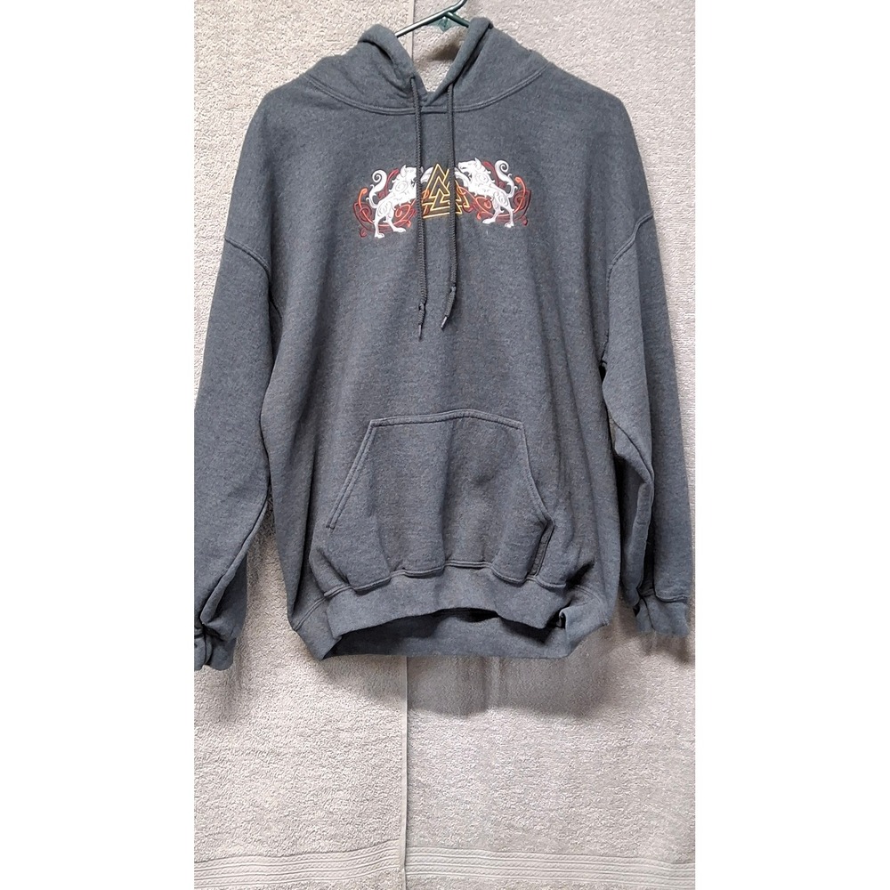 Norse Mythology Wolf Valknut Embroidered Hoodie Heather Charcoal Gray Sweatshirt